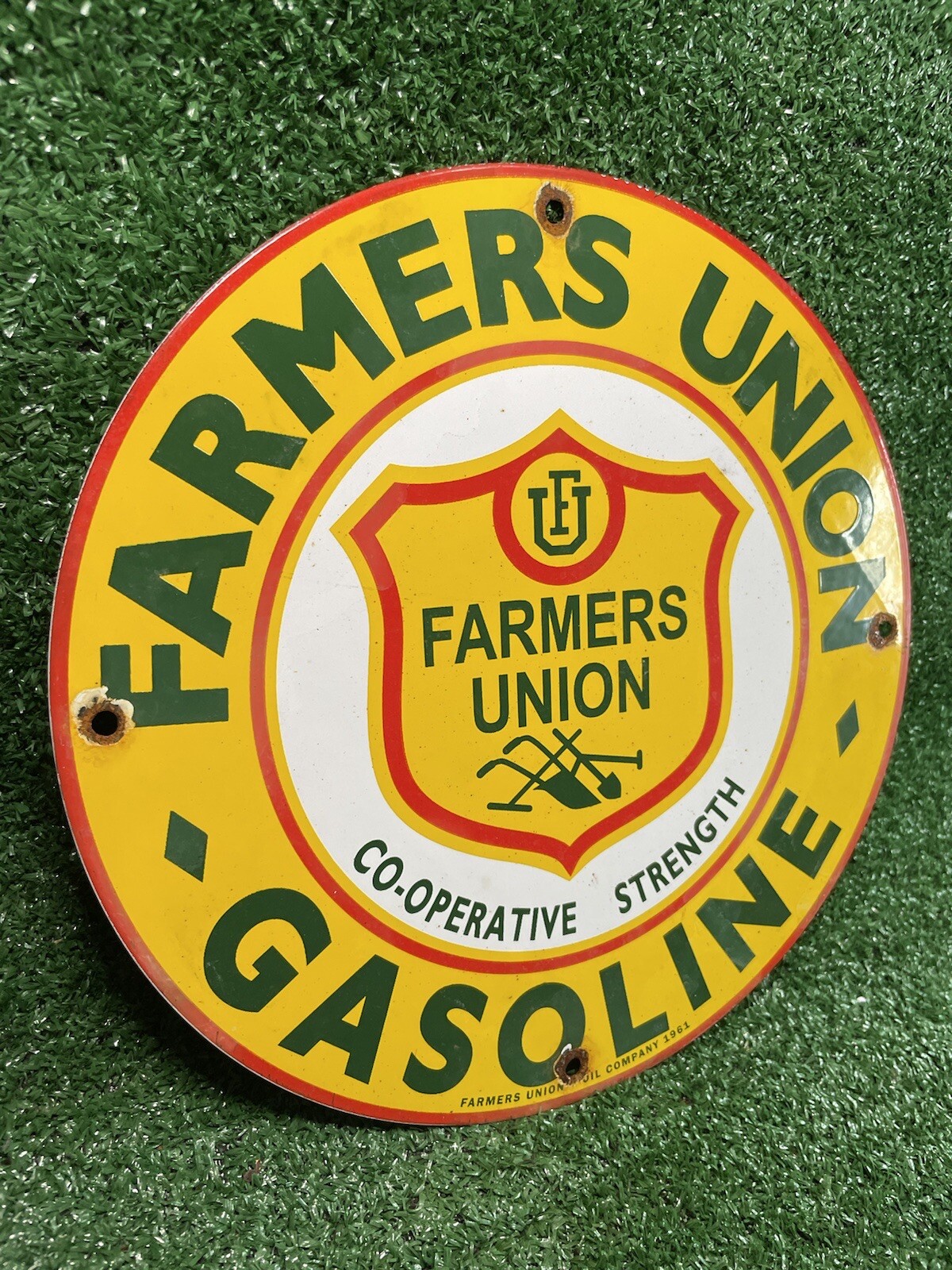 VINTAGE FARMERS UNION OIL CO PORCELAIN SIGN 1961 GAS STATION OIL FARM TRACTOR