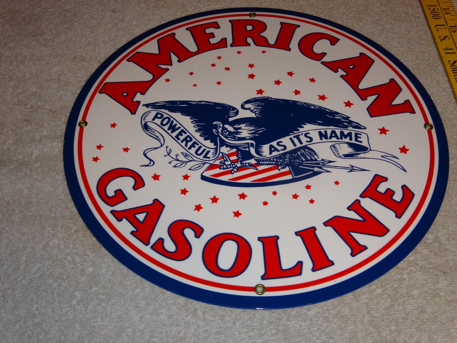 VINTAGE AMERICAN GASOLINE POWERFUL EAGLE 11 3/4″ PORCELAIN METAL GAS & OIL SIGN