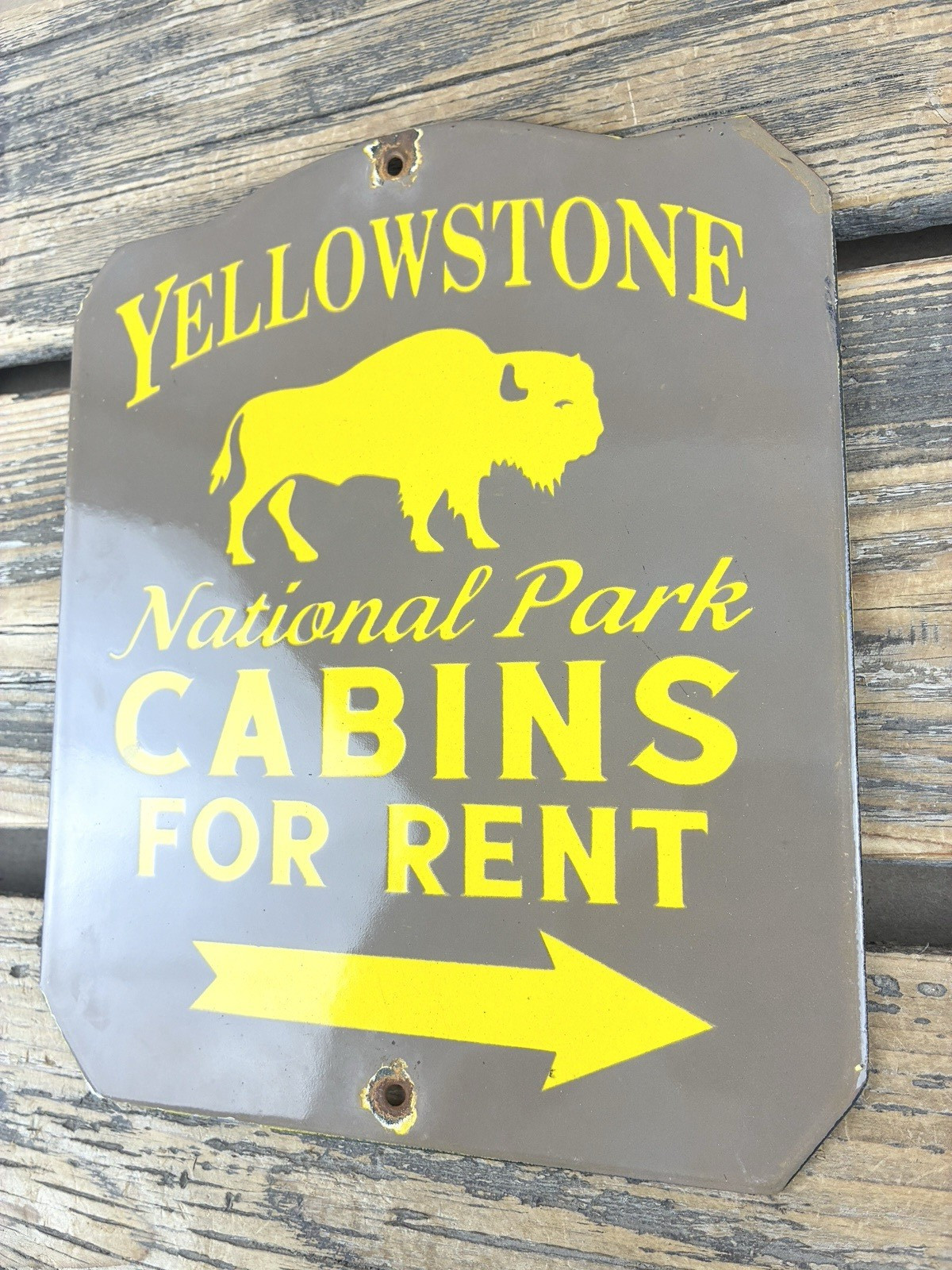 VINTAGE 10×8.25″ YELLOWSTONE NATIONAL PARK PORCELAIN GAS OIL RANGER CAMP SIGN