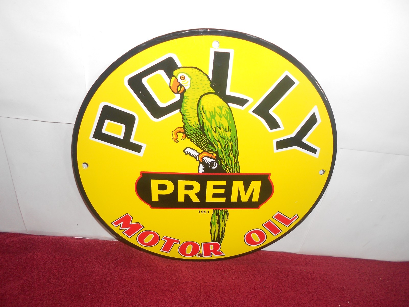 VINTAGE 11 3/4 in POLLY PARROT MOTOR OIL ADV SIGN HEAVY METAL PORCELAIN -953 A