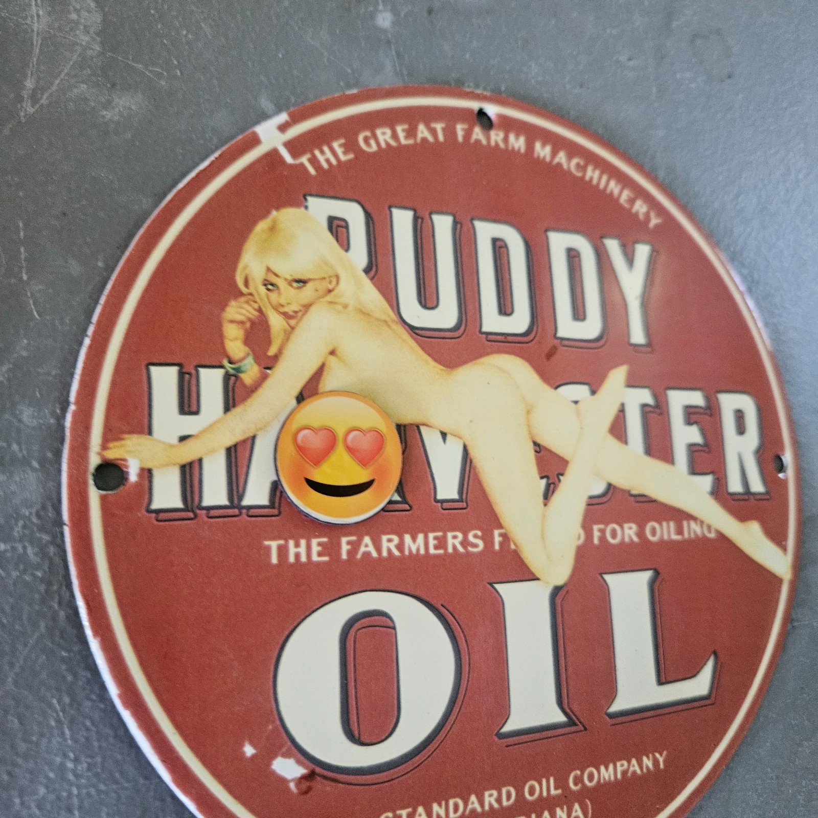 VINTAGE PORCELAIN PIN UP GAS & OIL STATION PUMP PLATE GARAGE MAN CAVE SIGN