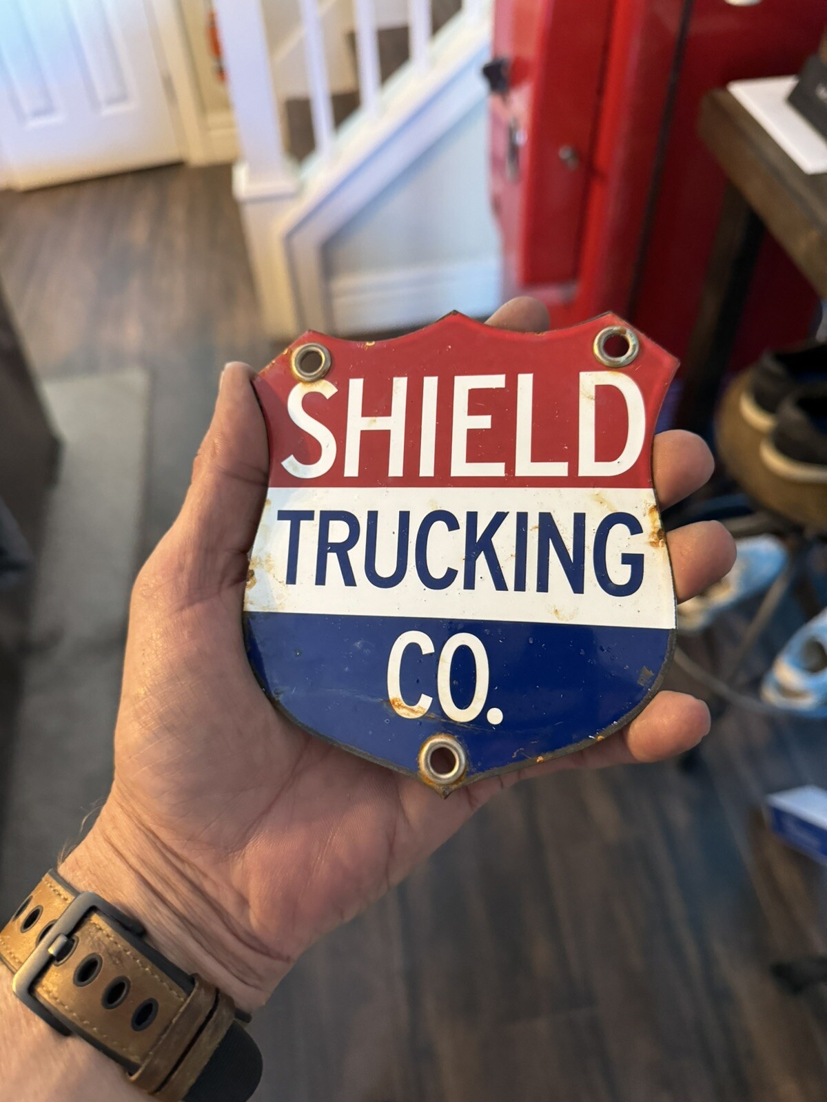 Shield Trucking Company Porcelain 5” Sign Dealership Gas Oil Sign Station