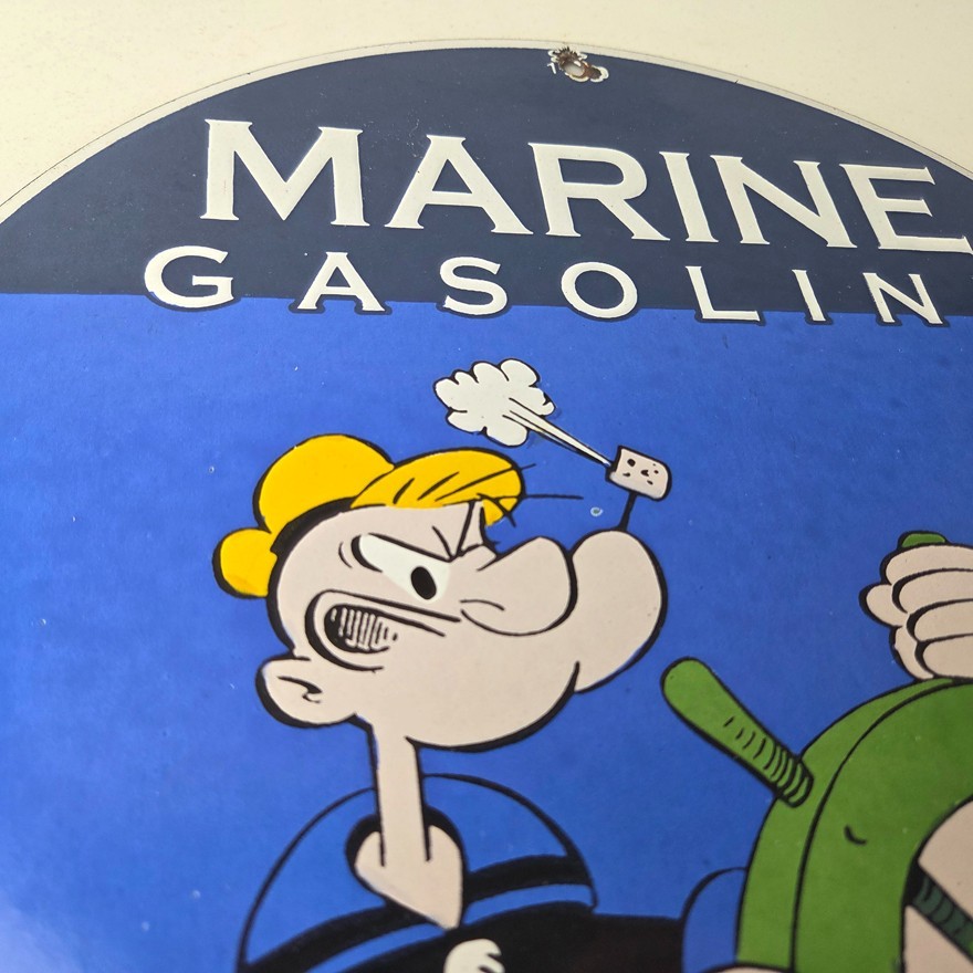 Vintage Marine Gasoline Sign – Popeye Sailor Porcelain Enamel Gas Oil Pump Sign