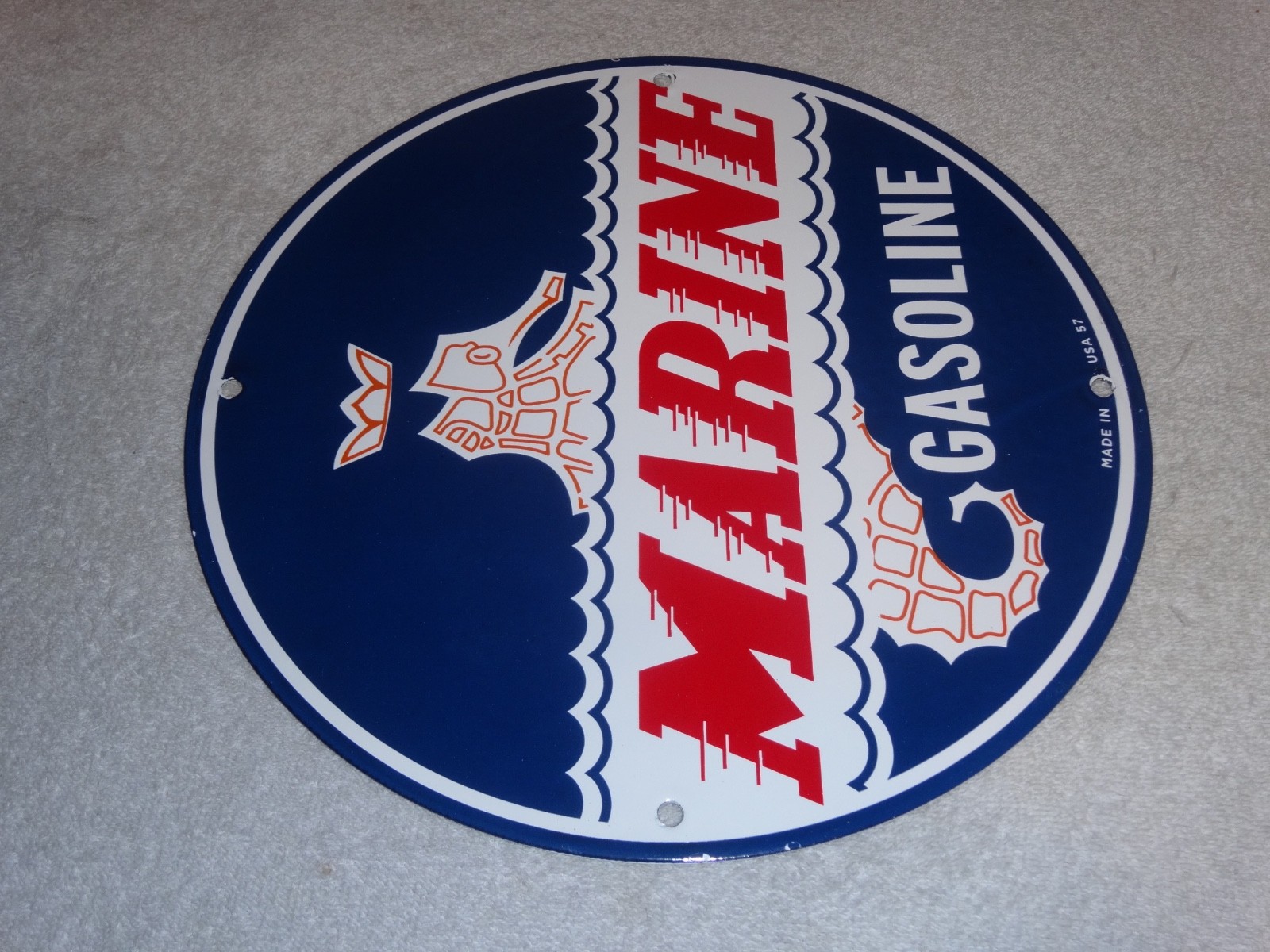 VINTAGE 1957 MARINE GASOLINE EVINRUDE JOHNSON OUTBOARD BOAT MOTOR PORCELAIN SIGN