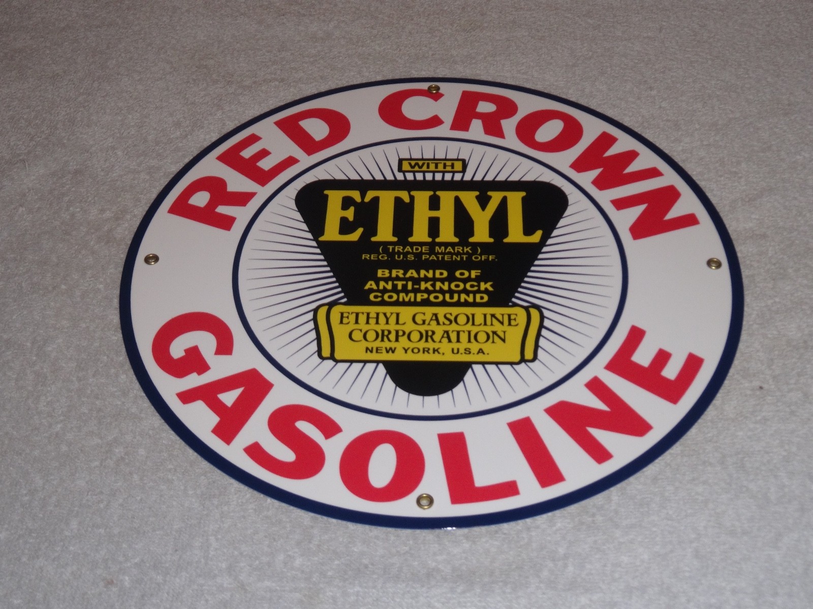 VINTAGE RED CROWN ETHYL GAS 11 3/4″ PORCELAIN METAL STANDARD GASOLINE & OIL SIGN