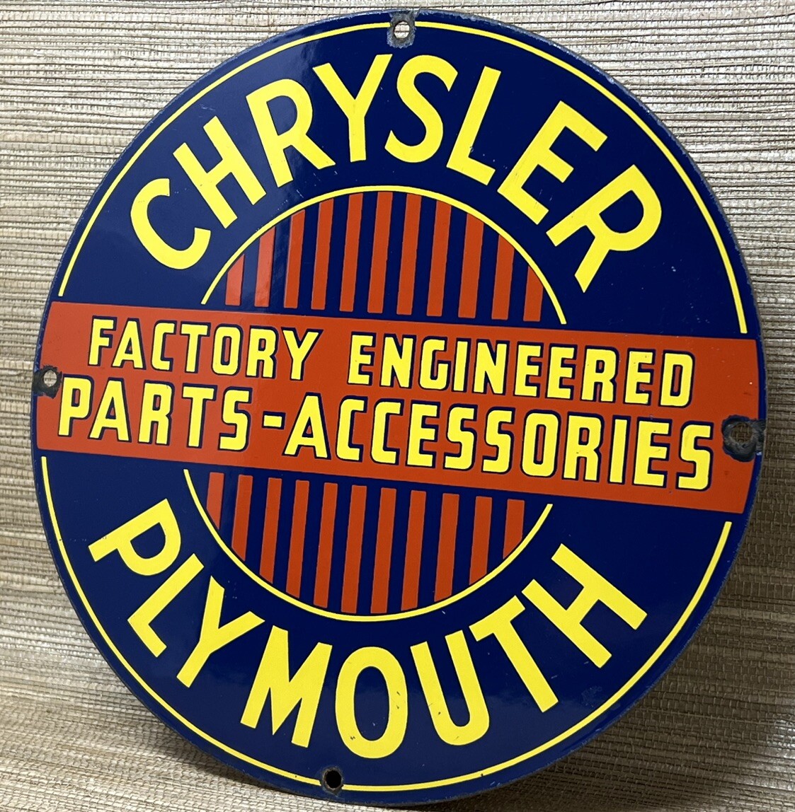 VINTAGE CHRYSLER PORCELAIN SIGN GENERAL MOTORS DEALERSHIP GAS OIL PLYMOUTH MOPAR