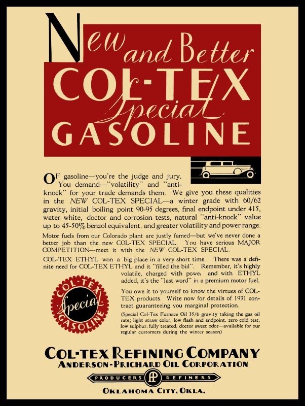 1931 Col-Tex Refining Co., Anderson Prichard of OKC NEW SIGN: 9×12″ Ships Free