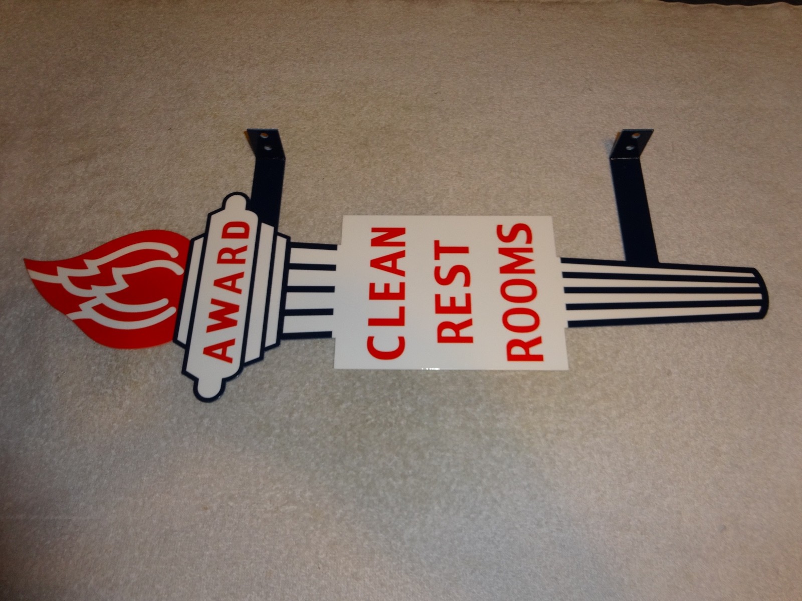 VINTAGE STANDARD GASOLINE TORCH CLEAN RESTROOM HUGE 2′ METAL AWARD BATHROOM SIGN