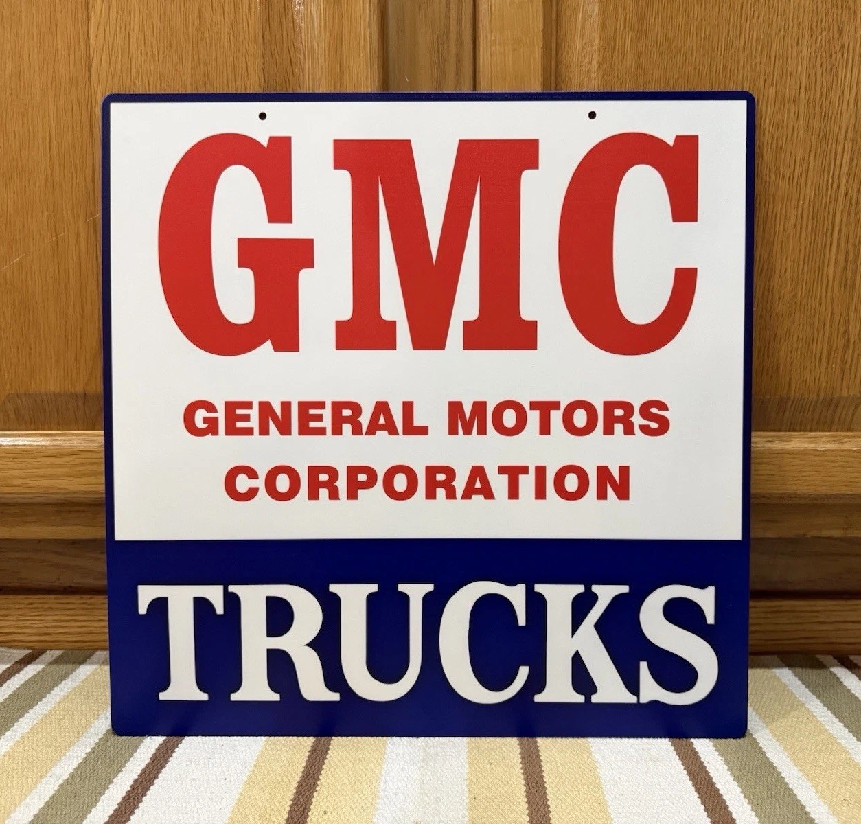 GMC Trucks Sign 2 Sided Gas Oil Garage Parts Tools Vintage Style Wall Decor