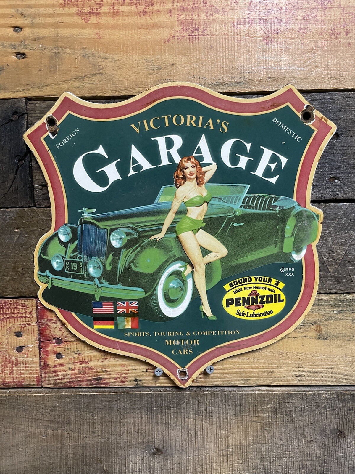VINTAGE PENNZOIL PORCELAIN SHIELD SIGN VICTORIAS GAS & OIL GARAGE SERVICE WOMAN