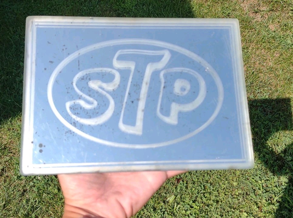 VINTAGE STP etched Glass Mirror SIGN RACING MOTOR OIL Gas GARAGE PETROLIANA Old