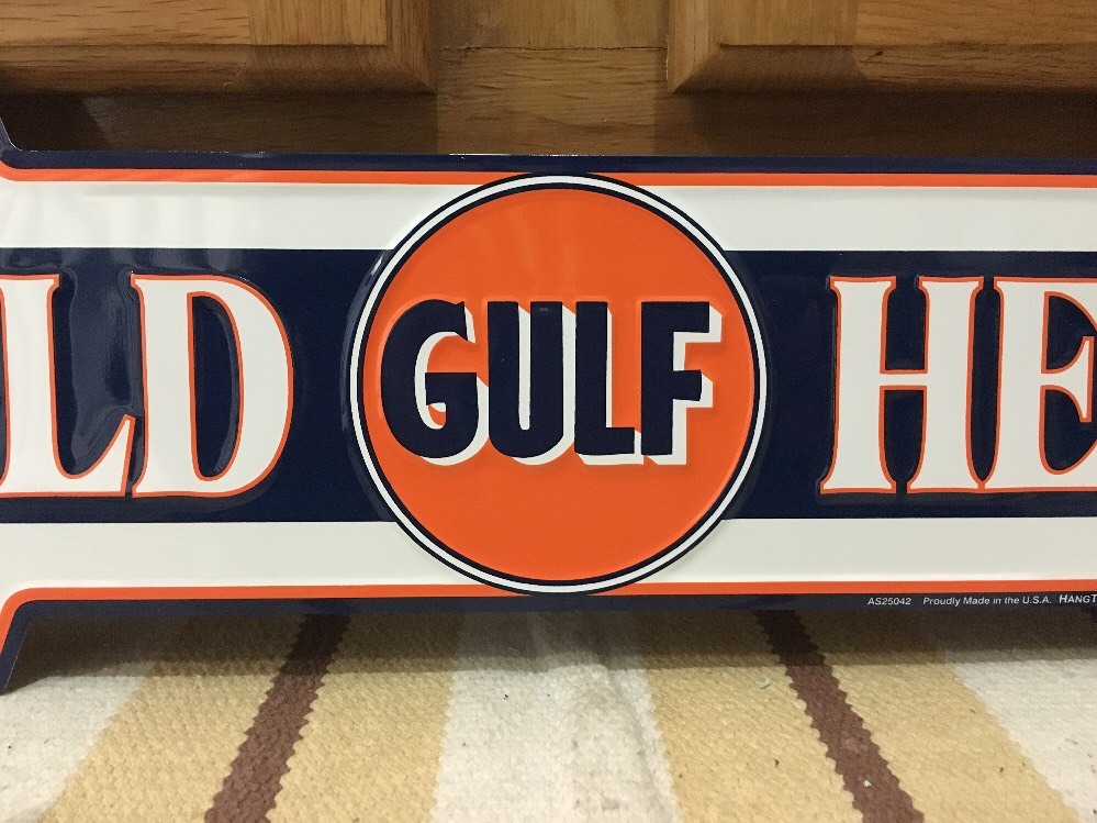 Gulf Gas Oil Sold Here Arrow Metal Sign Gasoline Petroleum Man Cave Garage NEW