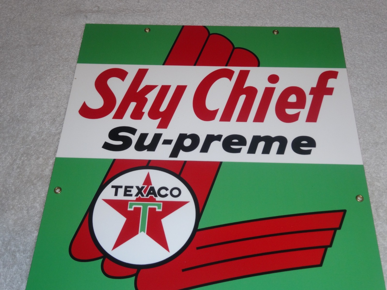 VINTAGE TEXACO SKY CHIEF SUPREME GASOLINE W/ PETROX 18″ PORCELAIN METAL OIL SIGN