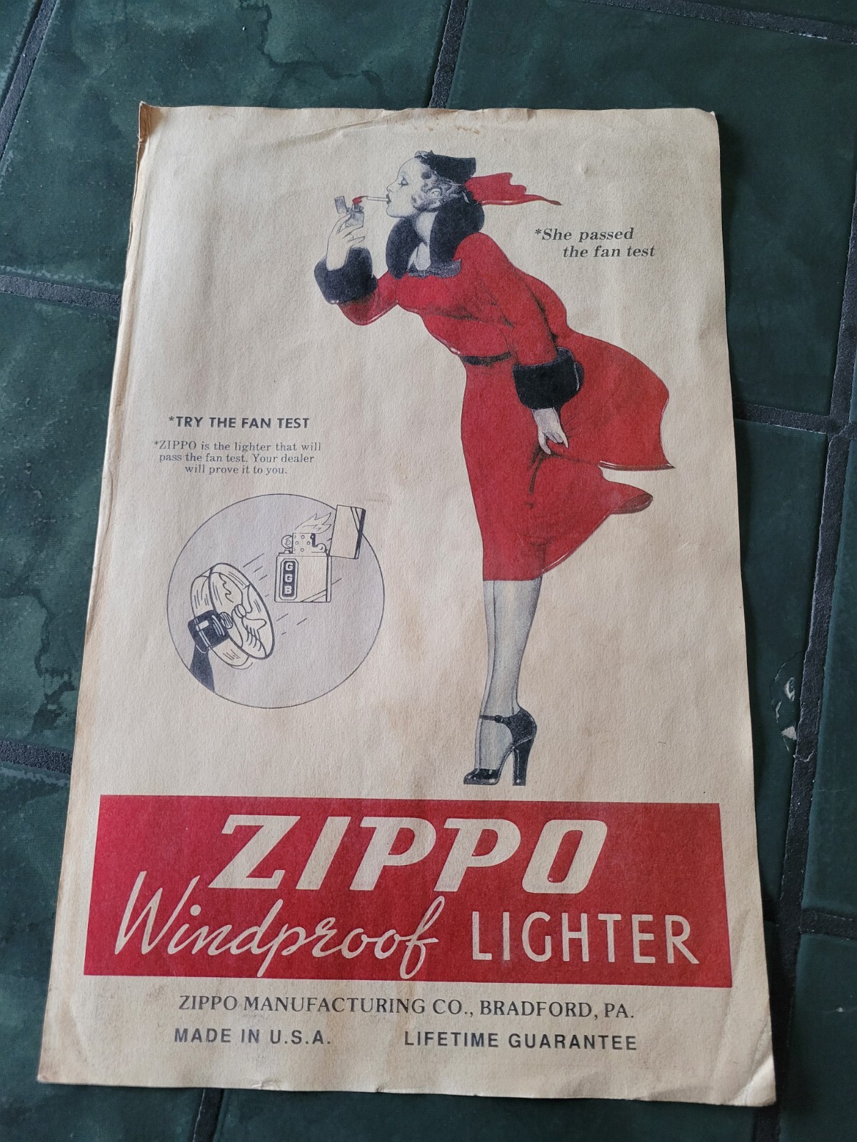 Vintage ZIPPO lighter woman fan test poster sign