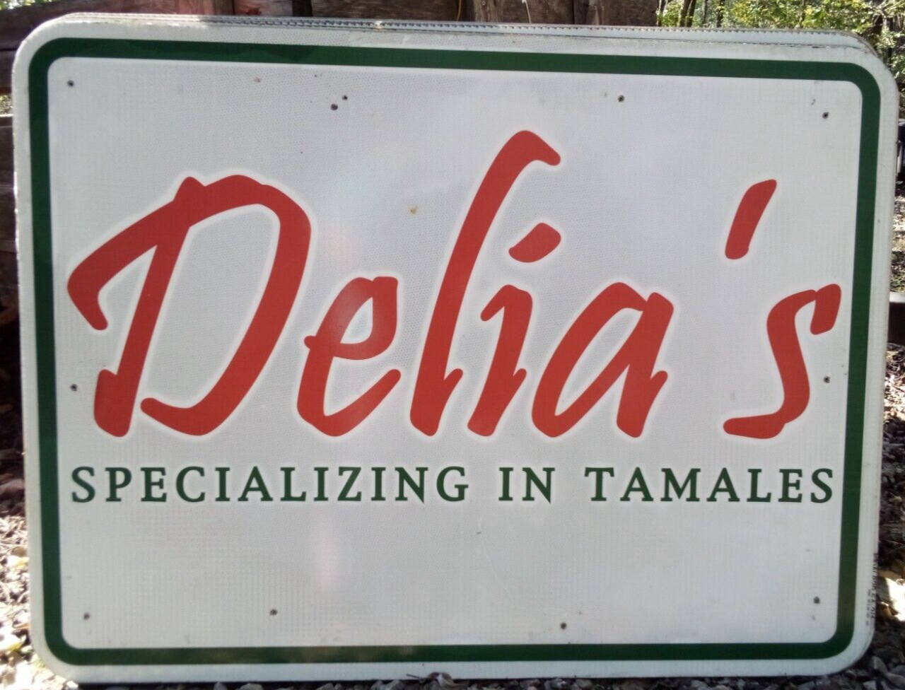 DELIA’S SPECIALIZING IN TAMALES ADVERTISING HWY EXIT SIGN BARN MAN CAVE 48X36 5P