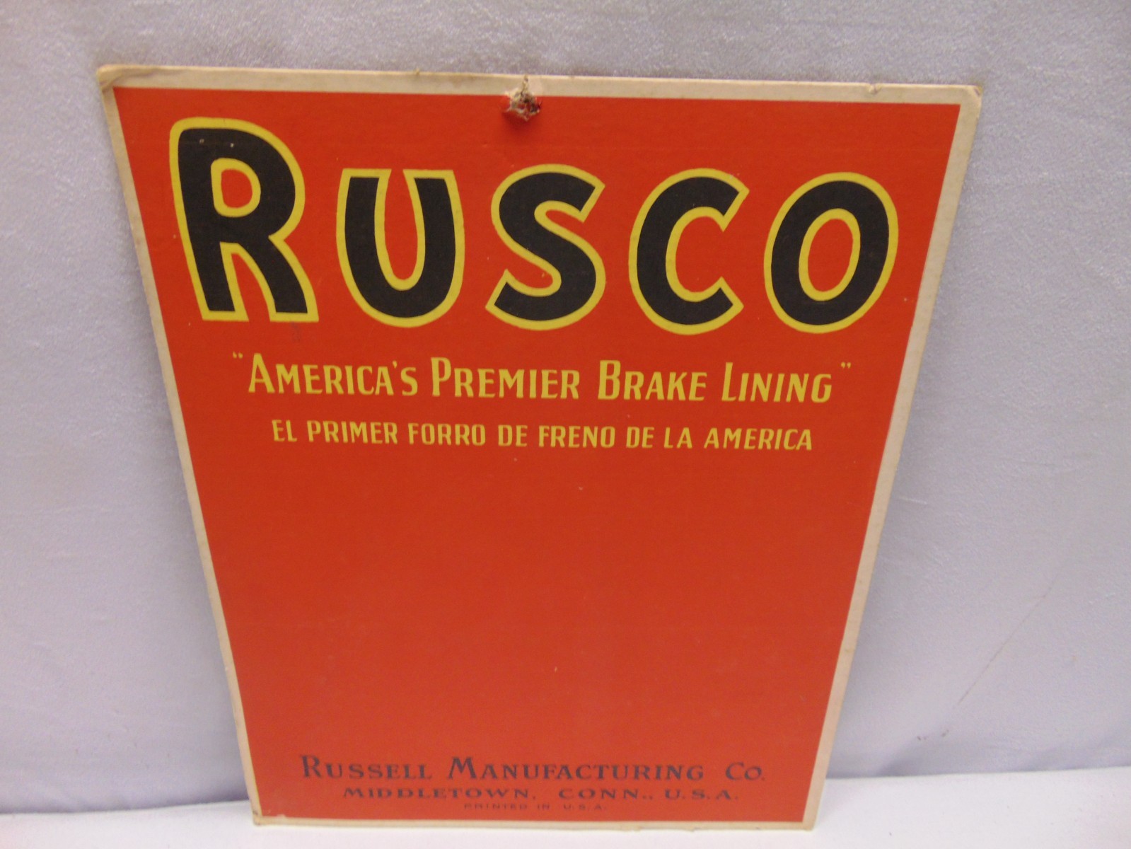 Vintage Rusco “America’s Premier Brake Lining” red advertising display sign 13″
