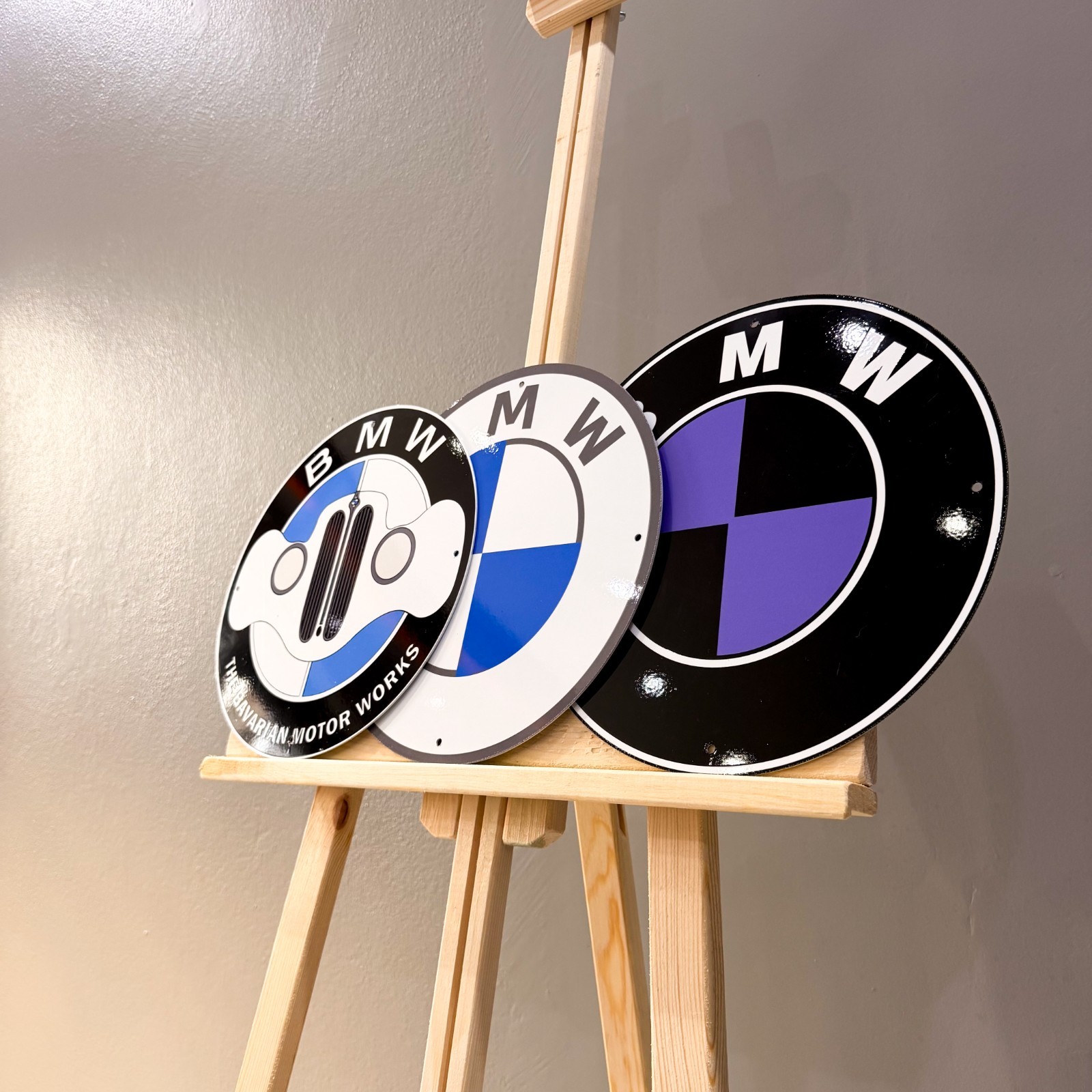 BMW Logo Set (3 PCS) Metal Signs – Classic, Grille & Black Purple – 30 cm (11.8”