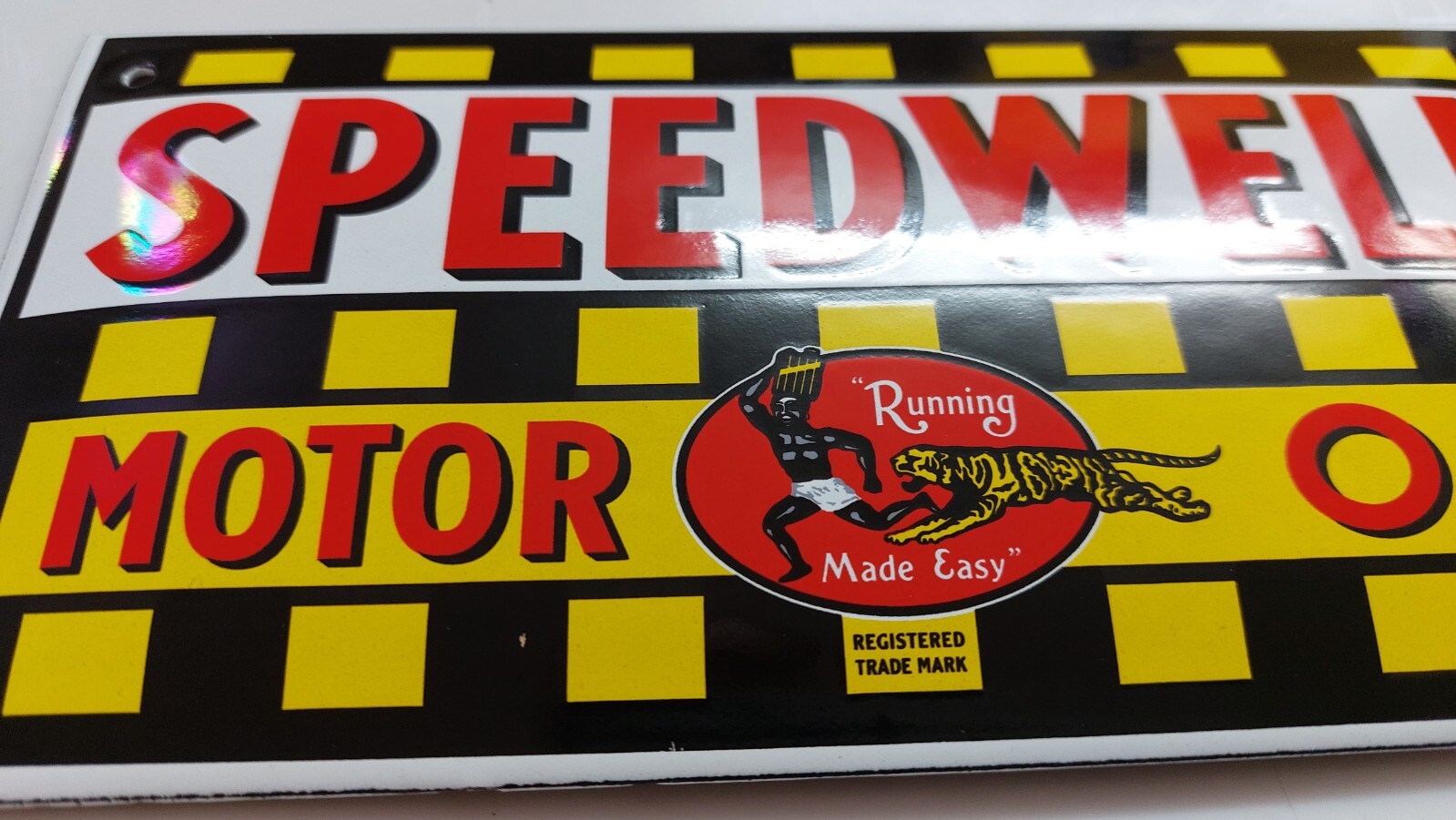 SPEEDWELL MOTOR OIL PORCELAIN DOOR ENAMEL GARAGE SIGN 10x20cm=4×8″