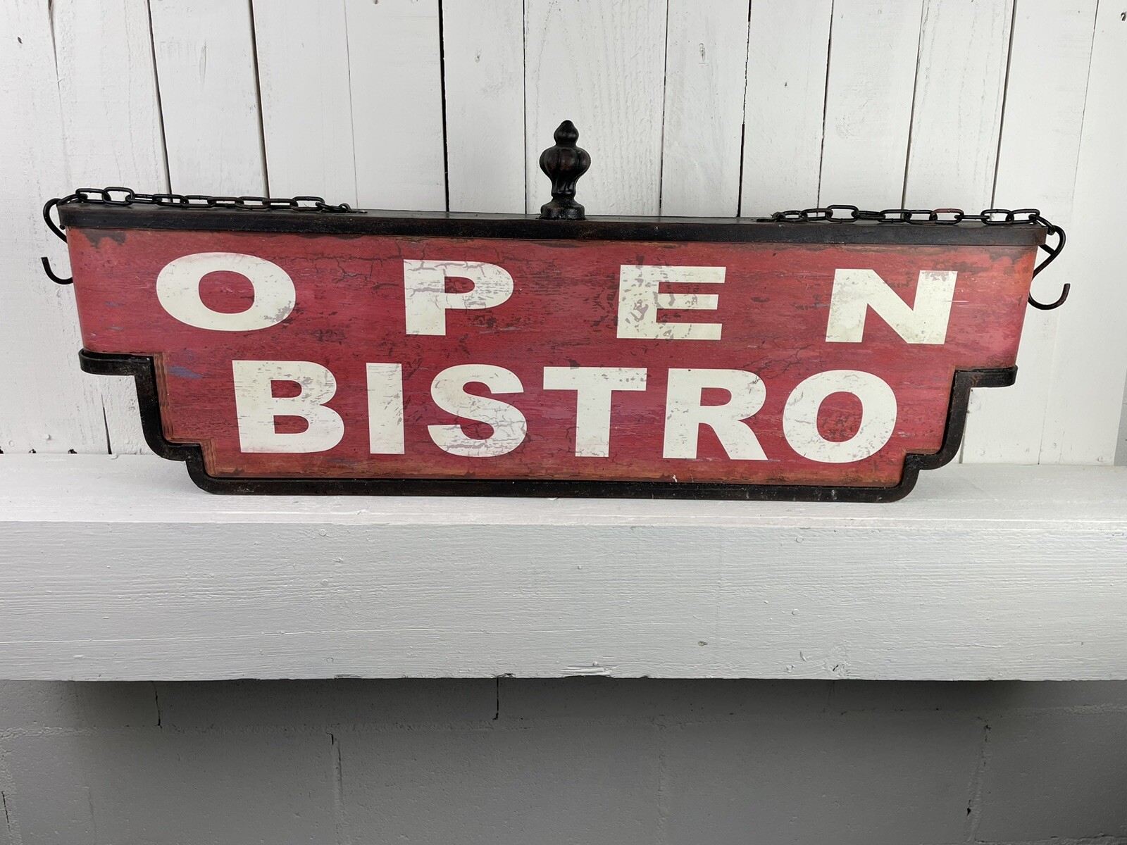 DOUBLE SIDED METAL BISTRO SIGN LARGE 34″ RETRO REPRO RED BLACK WHITE AGED BEAUTI