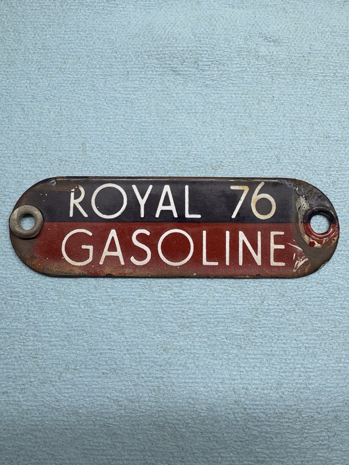 Vintage Royal 76 Gasoline Porcelain Gas Fuel Oil Tag Sign Badge Blue Red & White