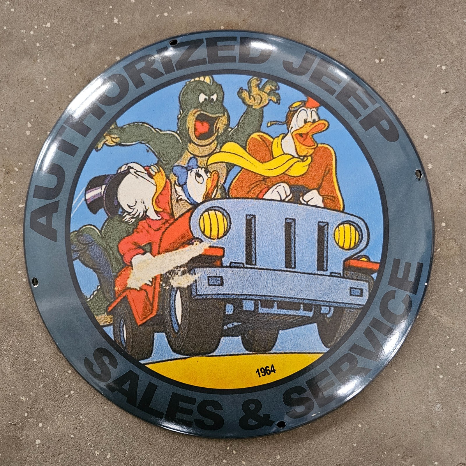 VINTAGE CONVEX 1964 AUTHORIZED JEEP GASOLINE OIL GAS PUMP ENAMEL PORCELAIN SIGN