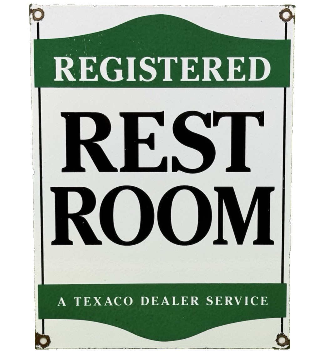 VINTAGE TEXACO REST ROOM PORCELAIN SIGN GAS STATION MOTOR OIL TEXAS PUMP PLATE