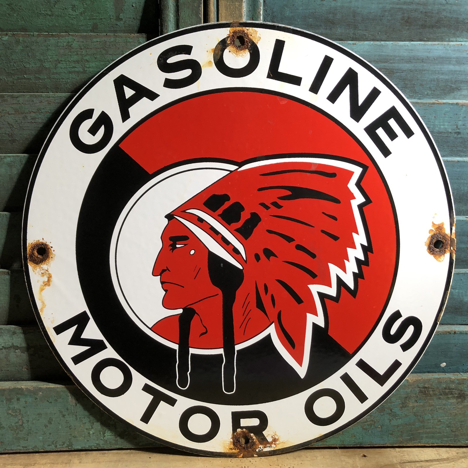 VINTAGE McCOLL-FRONTENAC RED INDIAN MOTOR OILS PORCELAIN GAS PUMP SIGN