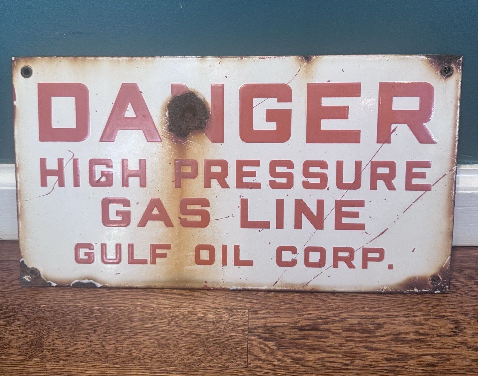Vintage Gulf Oil Co. Danger High Pressure Gas Line Porcelain Sign