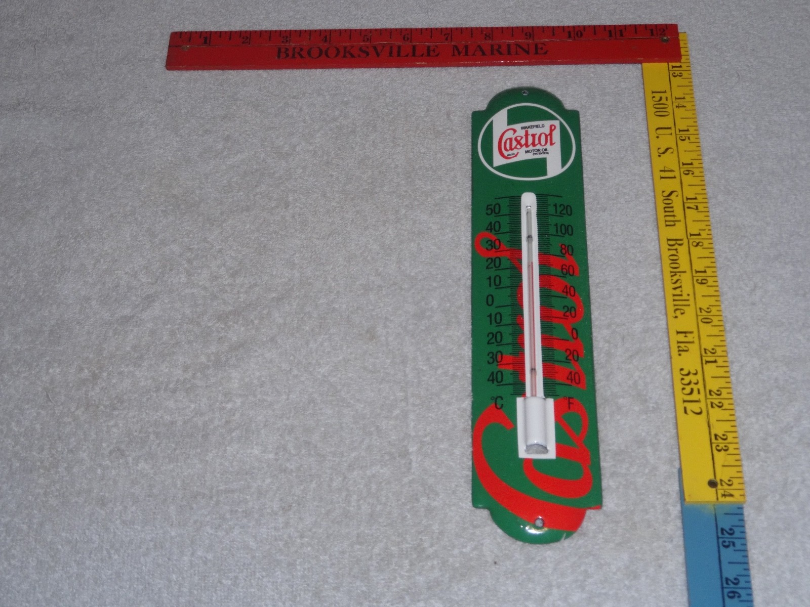 VINTAGE CASTROL WAKEFIELD MOTOR OIL 1′ PORCELAIN METAL GASOLINE THERMOMETER SIGN