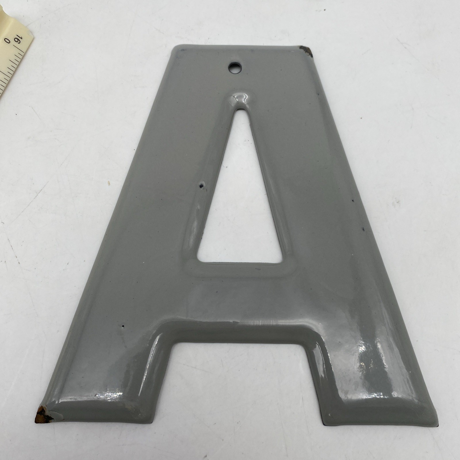 Vintage gray Porcelain Letter “A” Metal enamel 5.75” 5 3/4” grey
