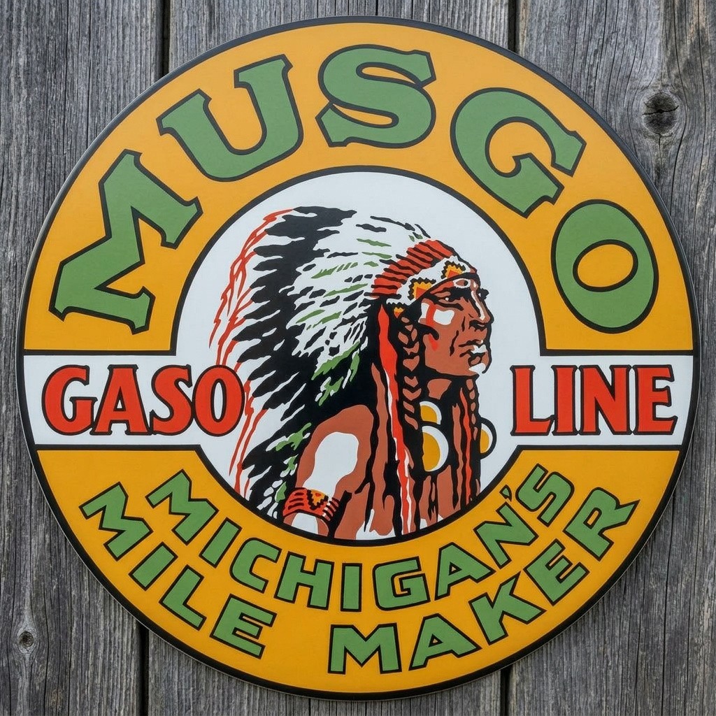 Musgo Gasoline 12″ Diameter Novelty Metal Sign Made In USA