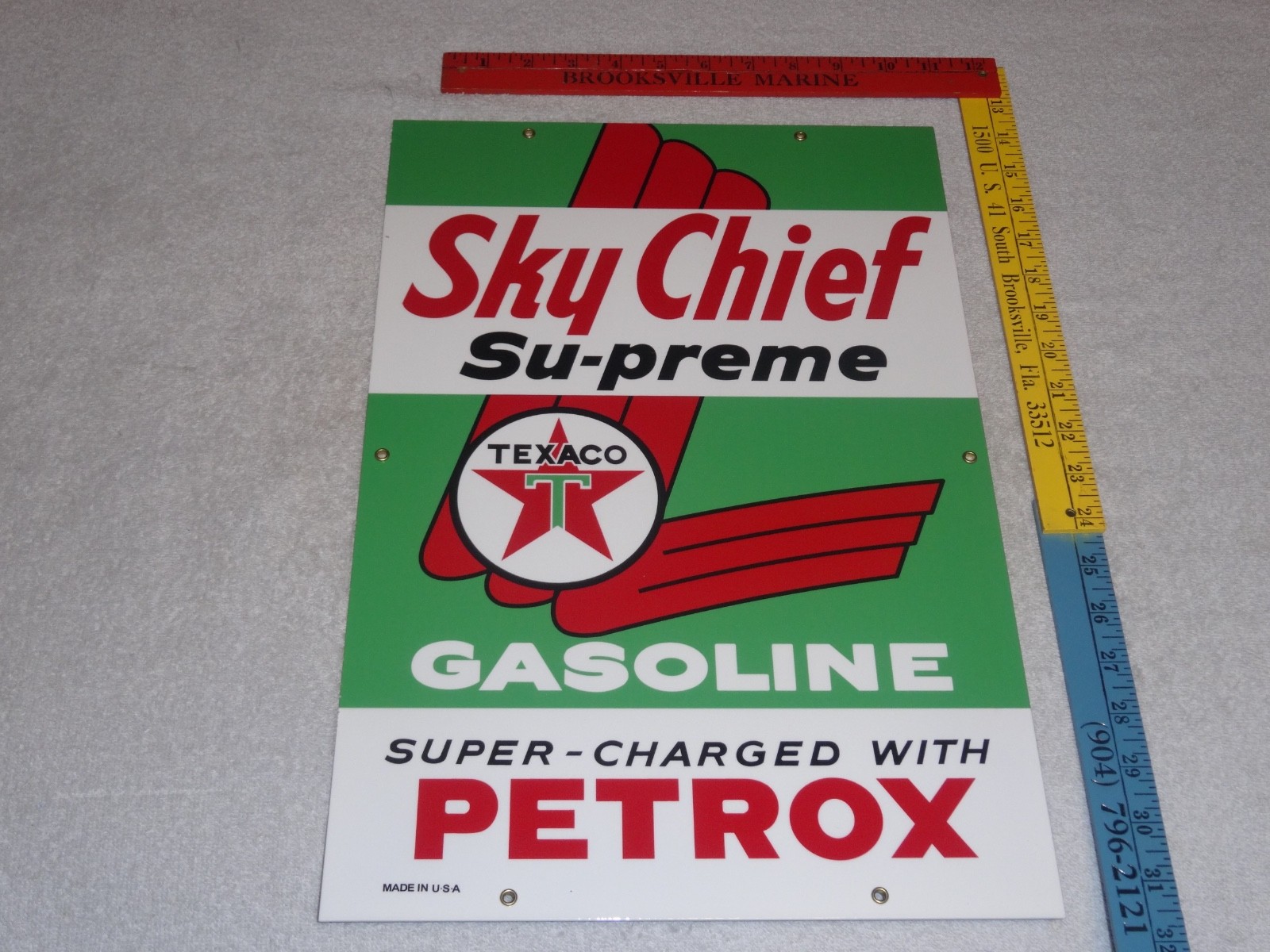 VINTAGE TEXACO SKY CHIEF SUPREME GASOLINE W/ PETROX 18″ PORCELAIN METAL OIL SIGN