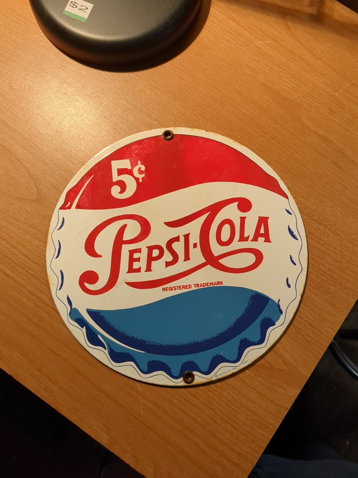Vintage Pepsi Porcelain Sign – 5 Cent Beverage, Andre Rooney 8″ diam.