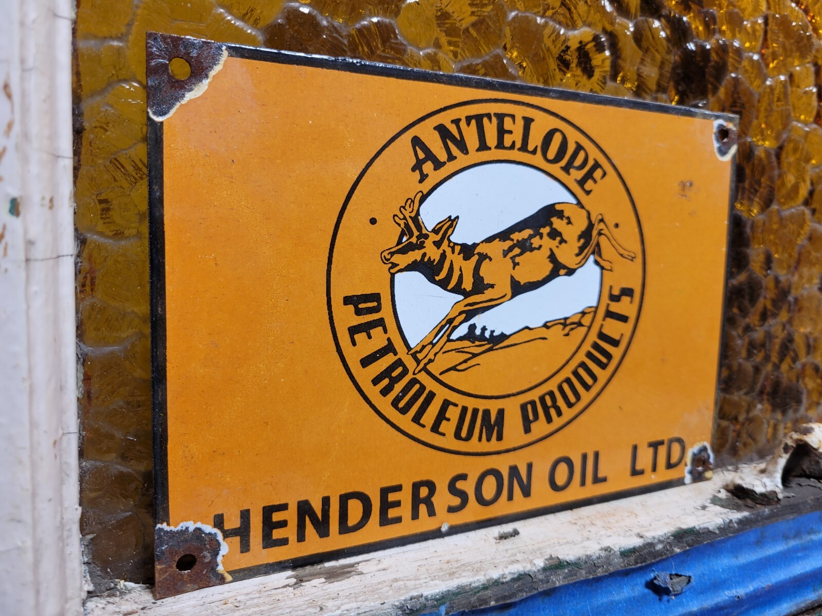 VINTAGE ANTELOPE PETROLEUM PORCELAIN SIGN OLD HENDERSON MOTOR OIL GAS ENGINE