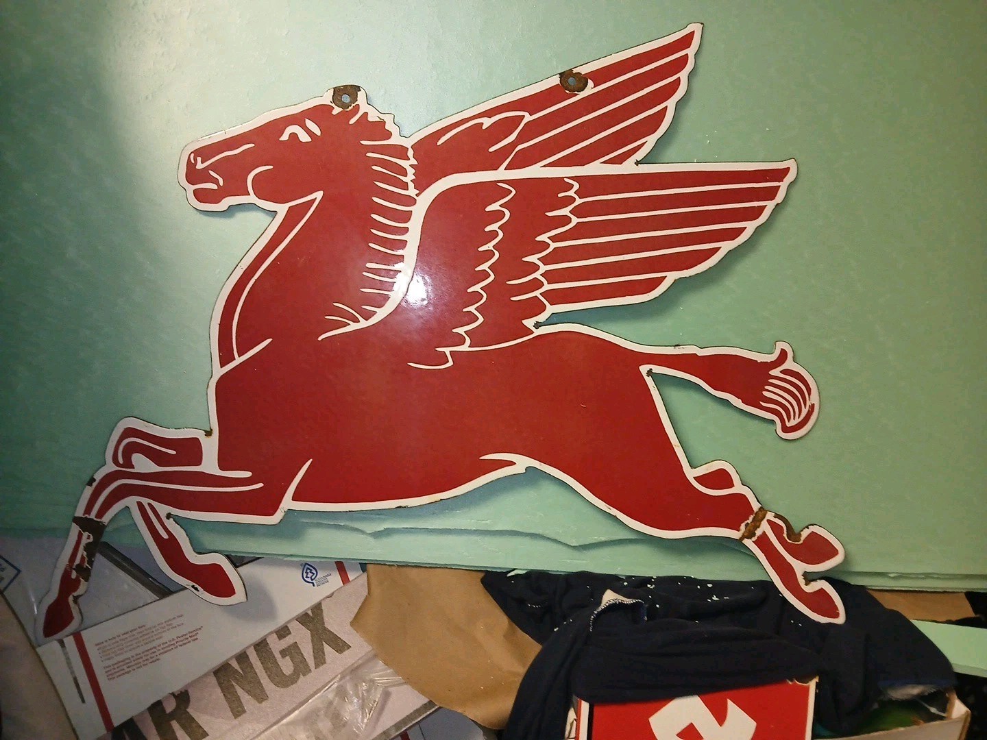 Vintage Large Mobil Mobilgas Pegasus Gas Oil Auto Service Station Porcelain Sign