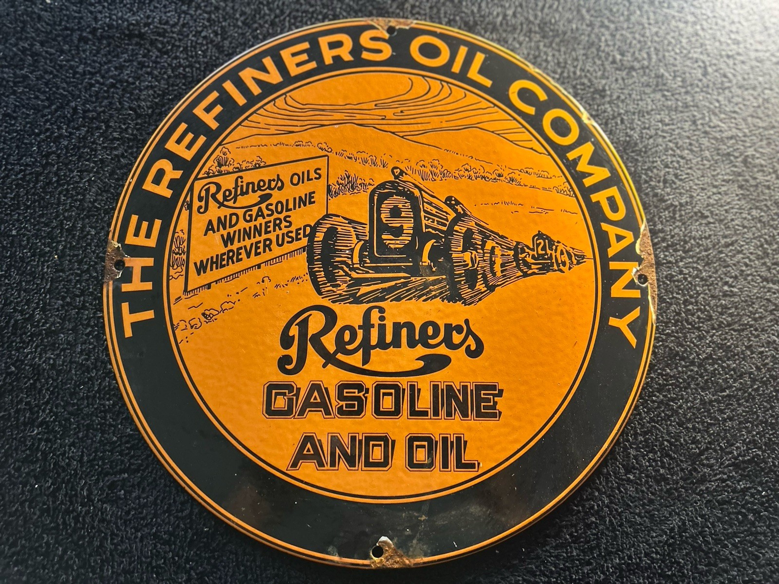REFINERS OIL COMPANY 12 INCH ENAMEL SIGN PORCELAIN WALL ART MOTOR CAR DECOR