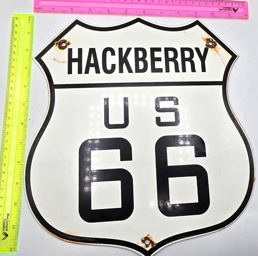 VINTAGE US ROUTE 66 HACKBERRY PORCELAIN METAL HIGHWAY SIGN GAS OIL ROAD SHIELD
