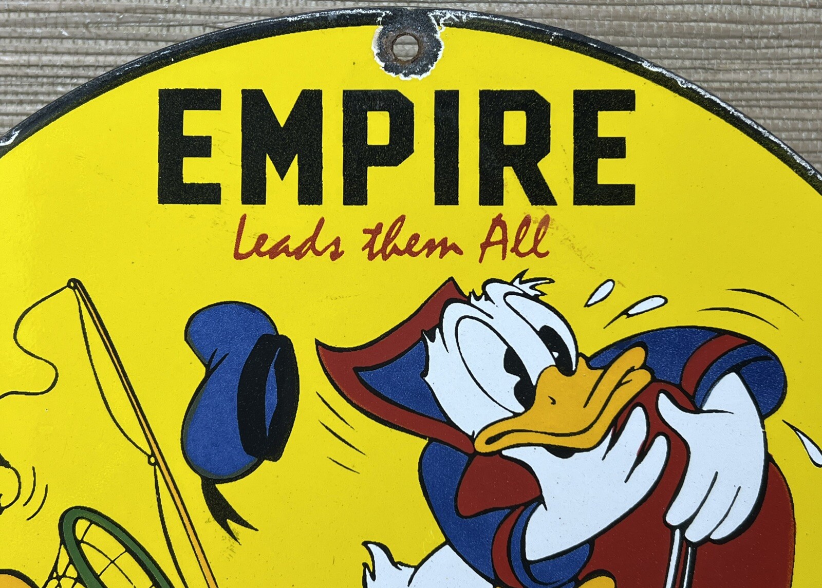 VINTAGE EMPIRE MARINE MOTOR OIL PORCELAIN SIGN GAS STATION DISNEY DONALD DUCK