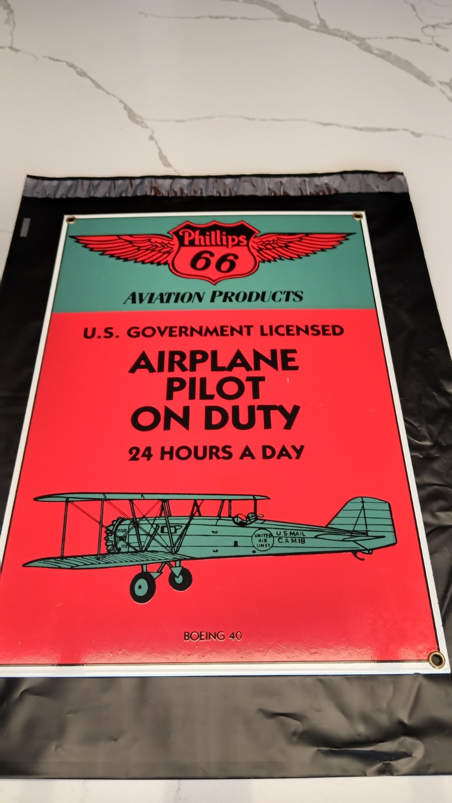 Phillips 66 Porcelain Enamel Aviation Products Airplane Pilot On Duty Sign