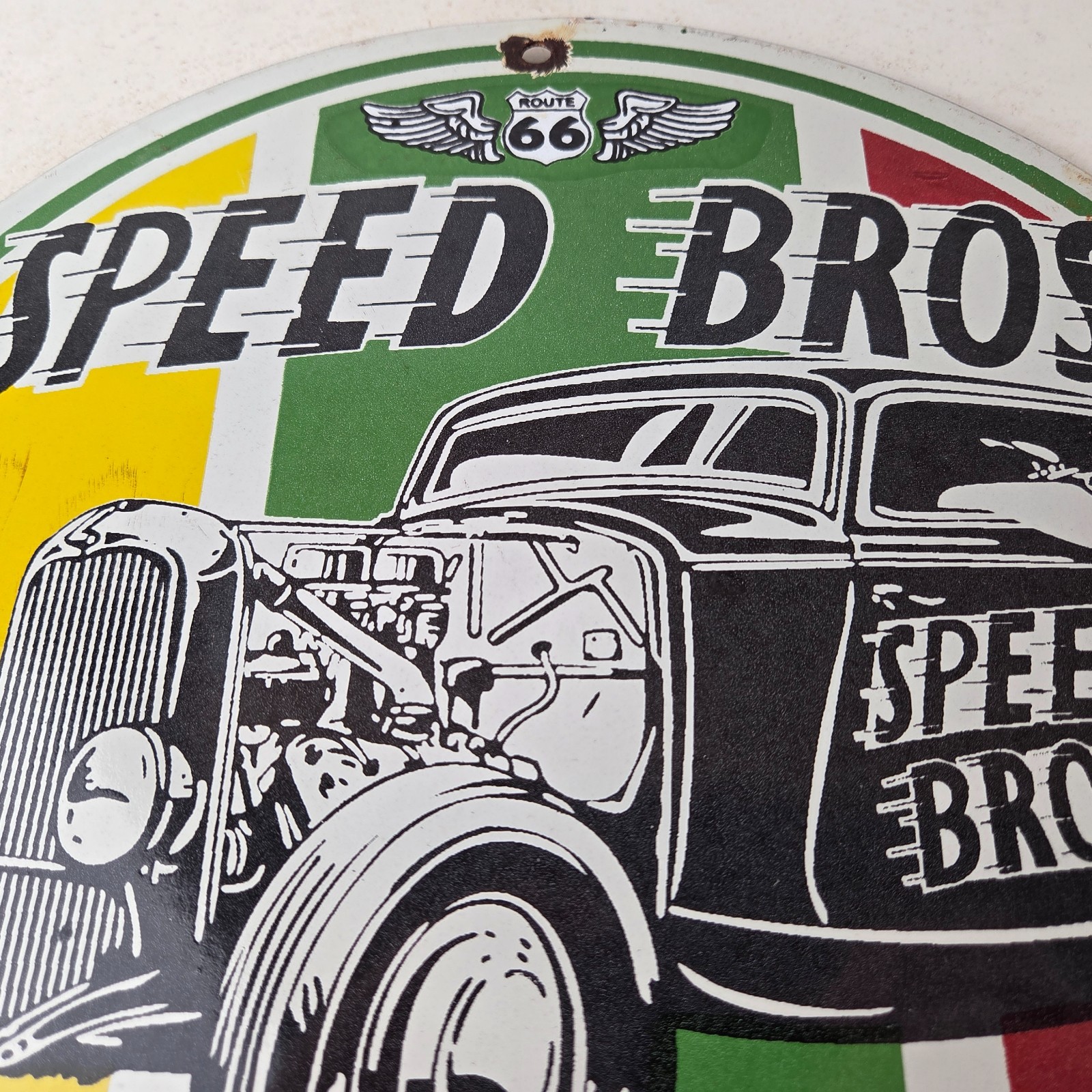 Vintage Speed Bros Sign – US Route 66 Porcelain Gas Pump Sign