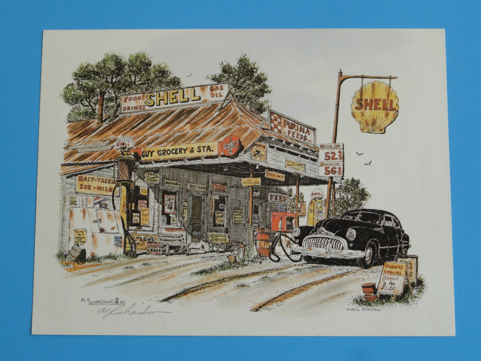 AL RICHARDSON VINTAGE SHELL STATION SIGNED PRINT 1983