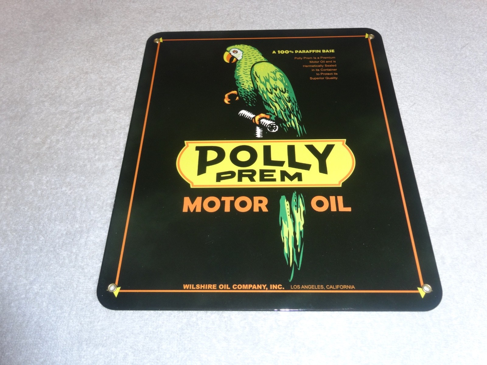 VINTAGE POLLY PREMIUM GASOLINE PARROT 12.5″ PORCELAIN METAL WILSHIRE CA OIL SIGN