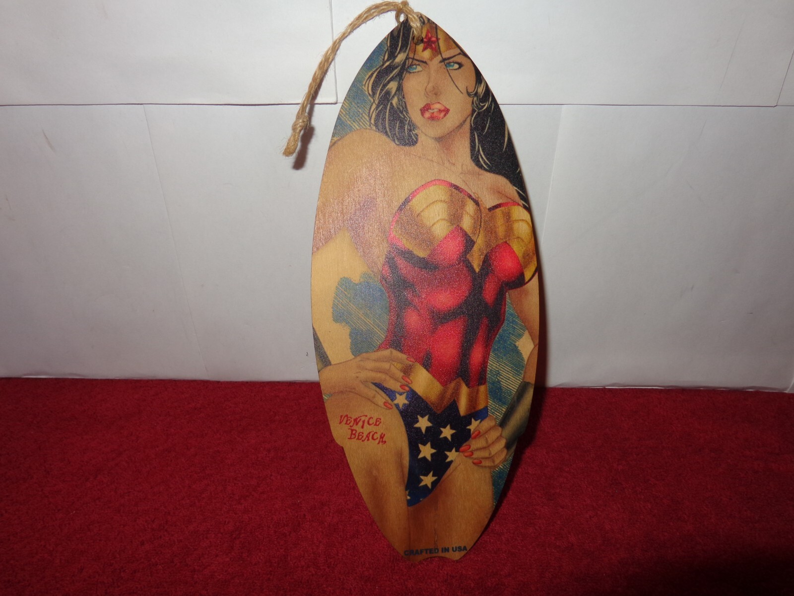 4×10 in SIGN VENICE BEACH CALI. WONDER WOMEN PRINT ON WOODEN SURF BOARD USA-Z393