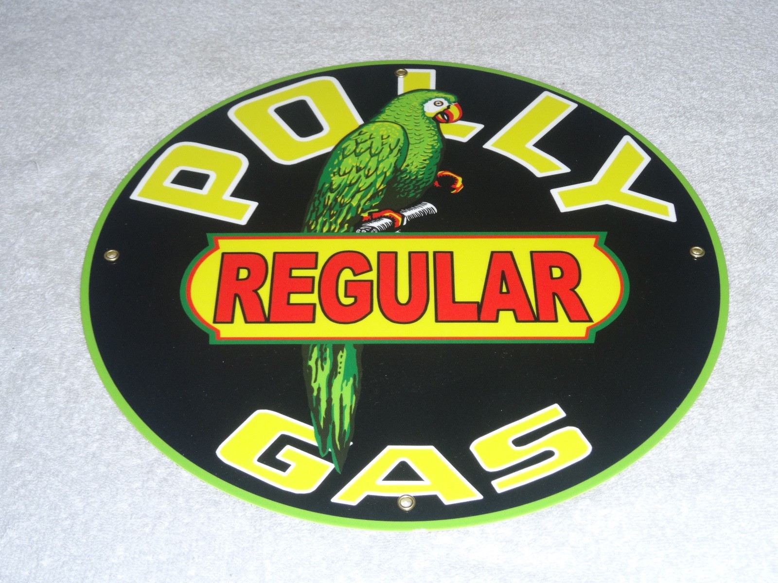 VINTAGE POLLY REGULAR GAS PARROT 🦜 11 3/4″ PORCELAIN METAL GASOLINE & OIL SIGN
