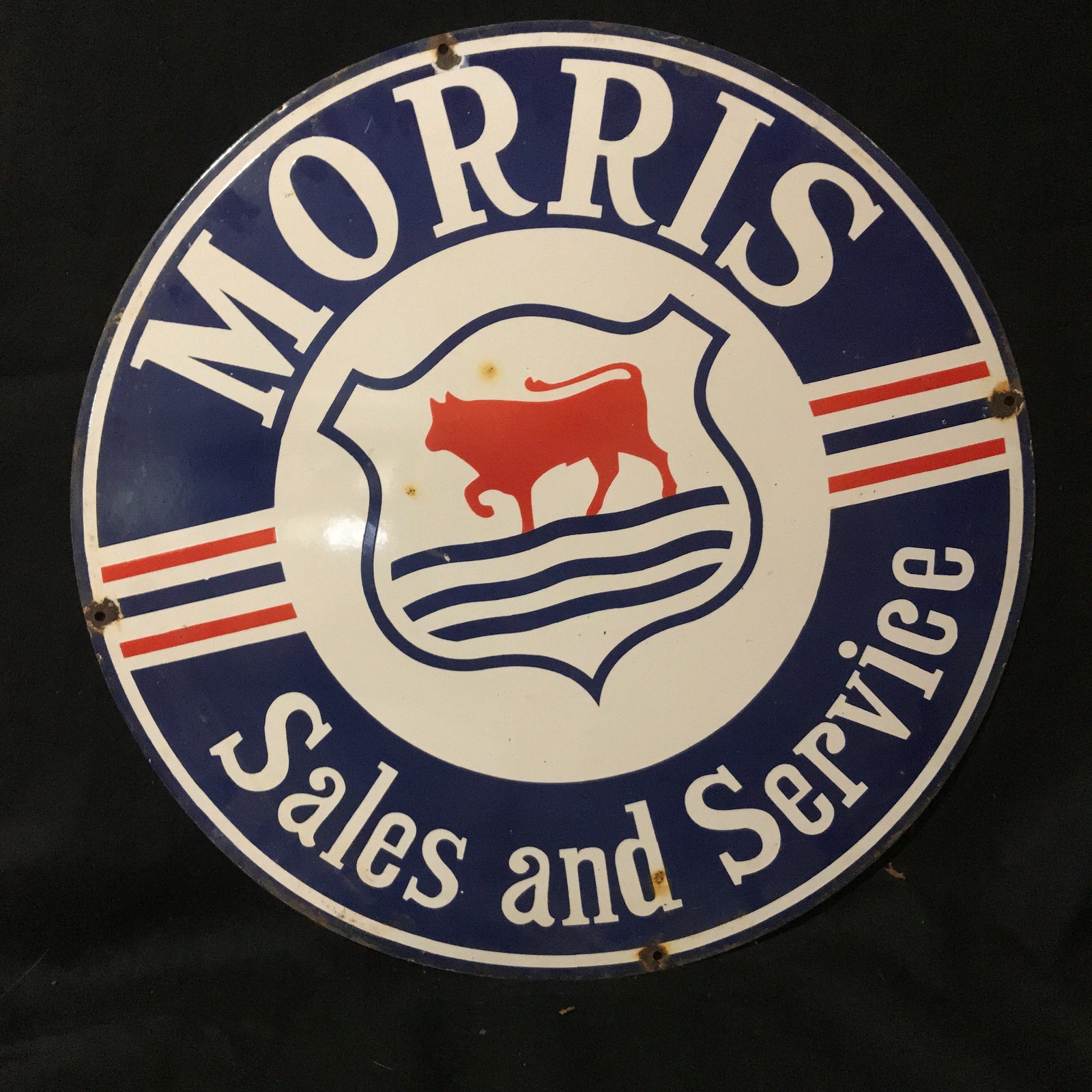 MORRIS GARAGE ADVERTISING PORCELAIN ENAMEL SIGN 30 IN ROUND SINGLE SIDE