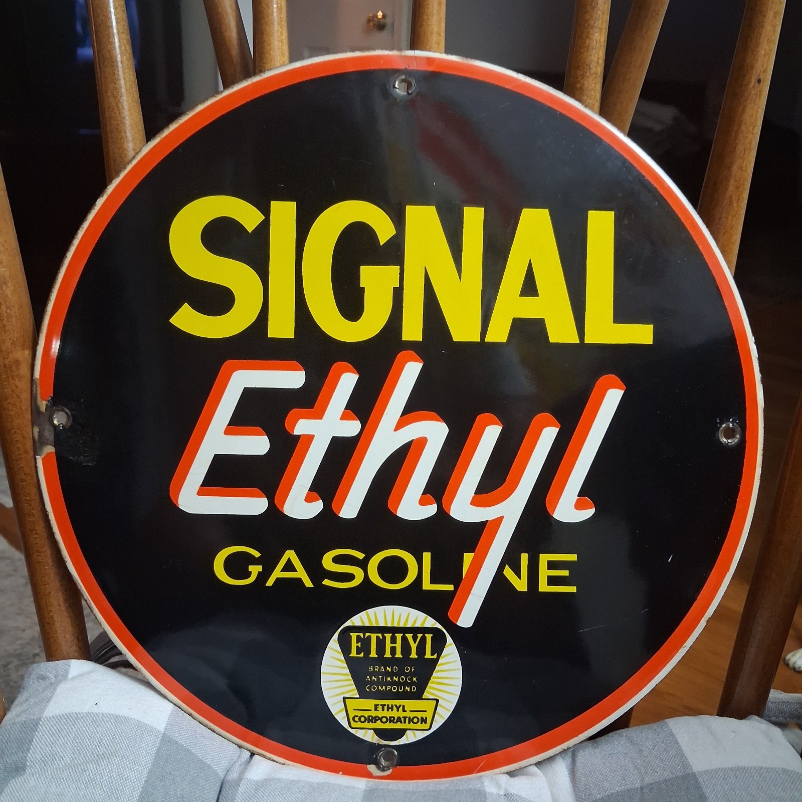 ORIGINAL & AUTHENTICATED” SIGNAL ETHYL GASOLINE” 11.5 PORCELAIN PUMP PLATE