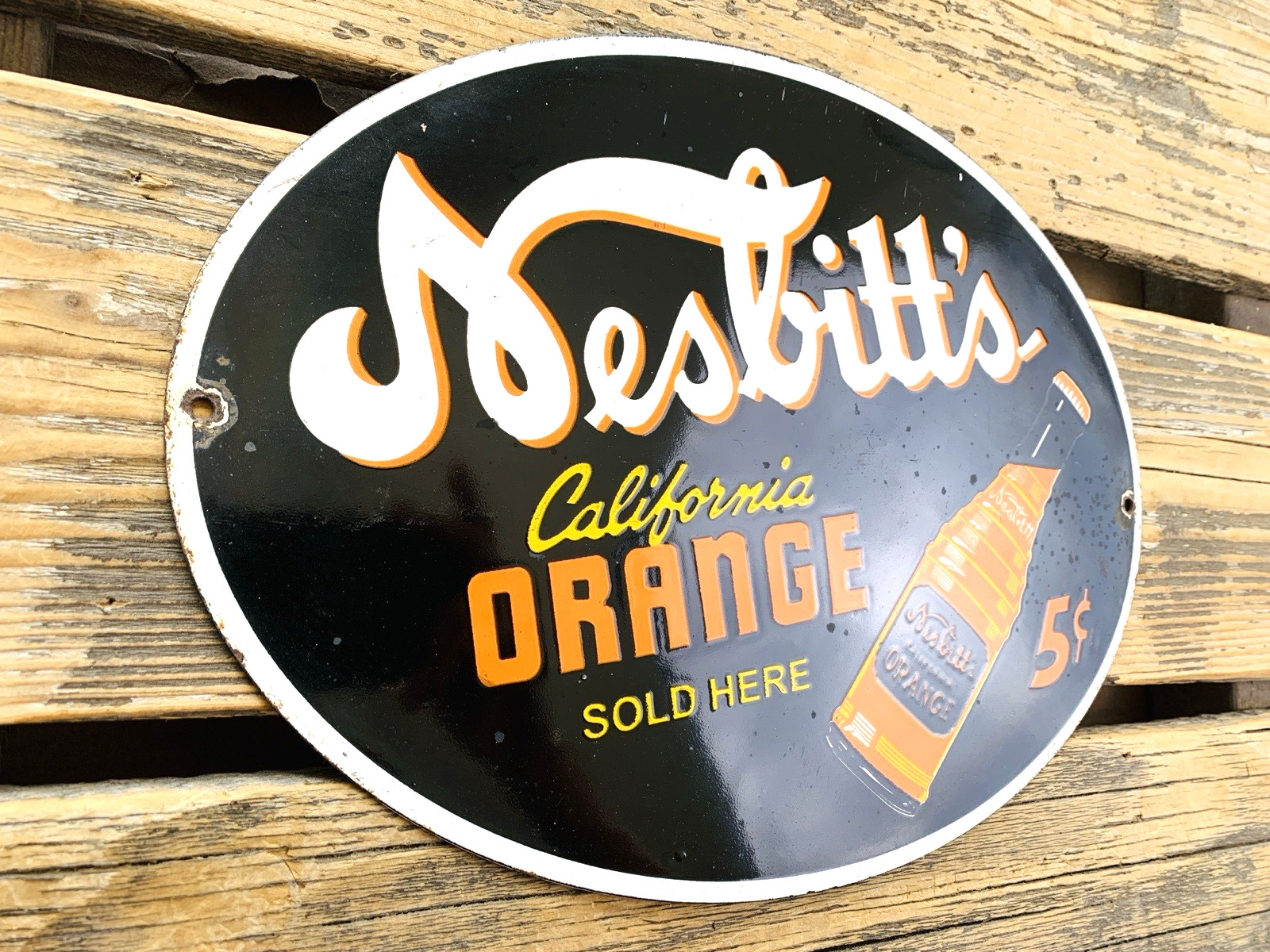 VINTAGE 12×9″ NESBITT’S California ORANGE SODA POP 5c GAS PORCELAIN OIL SIGN