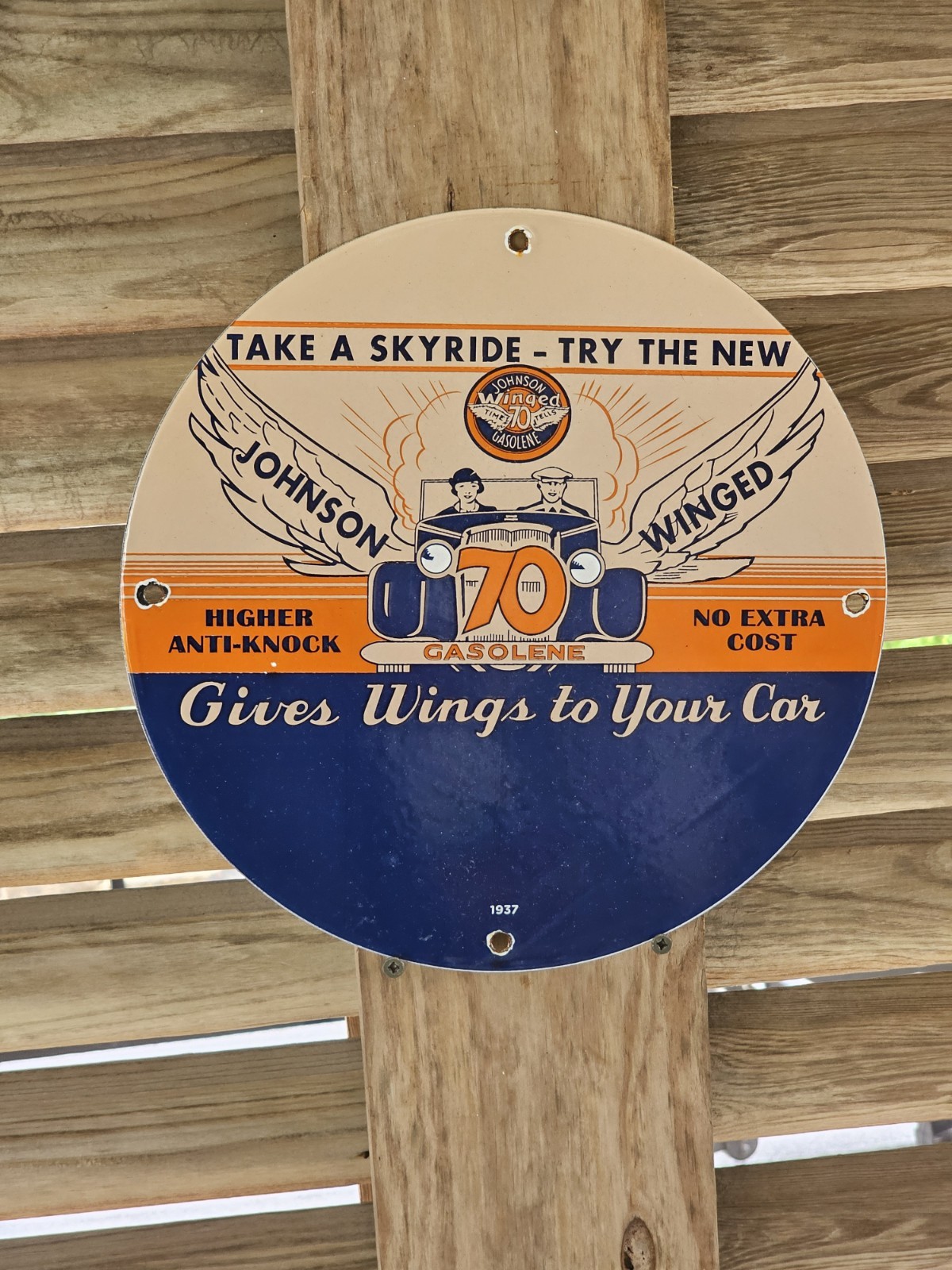 VINTAGE JOHNSON GASOLINE PORCELAIN DEALERSHIP SIGN GIVES WINGS TO YOUR CAR 12″