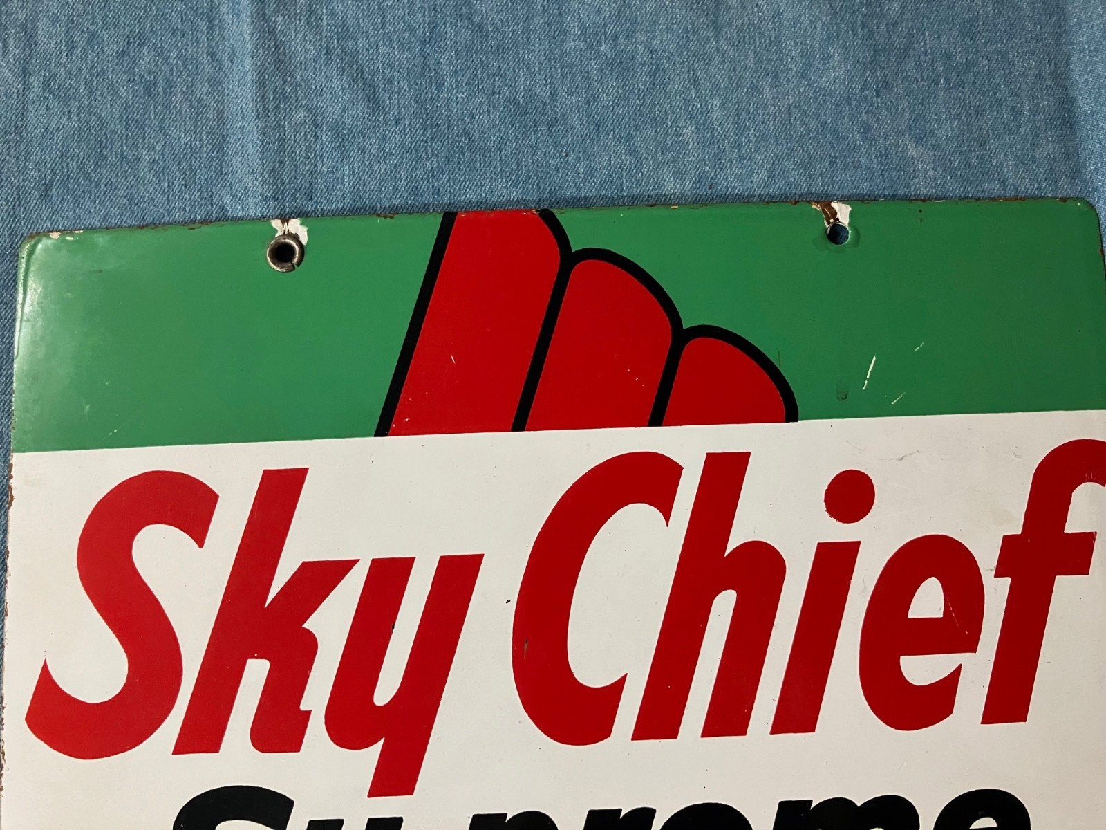 ORIGINAL & AUTHENTIC ”TEXACO SKY CHIEF” 18X12 INCH PORCELAIN SIGN 1961