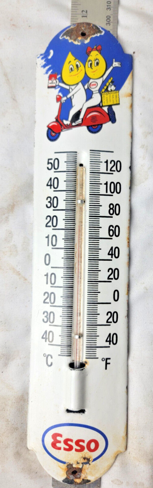 VINTAGE 12” ESSO PORCELAIN THERMOMETER SIGN CAR GAS OIL TRUCK